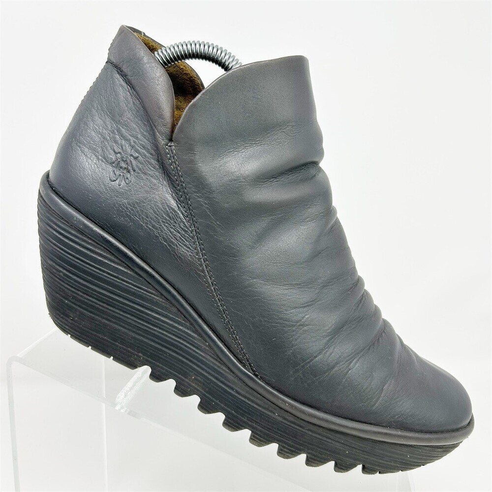 FLY London Yip Womens Ankle Bootie Blue Gray Ruched Wedge Heel Side Zip Size 40